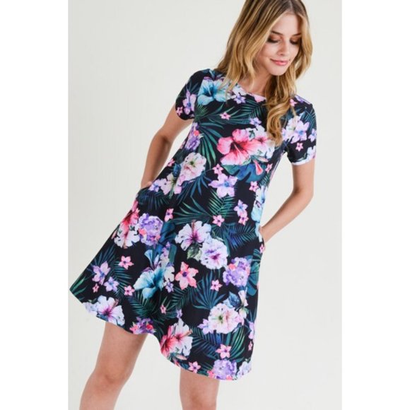 Women's Tropical Floral Print Fit Flare Dress BLK - Picture 3 of 7